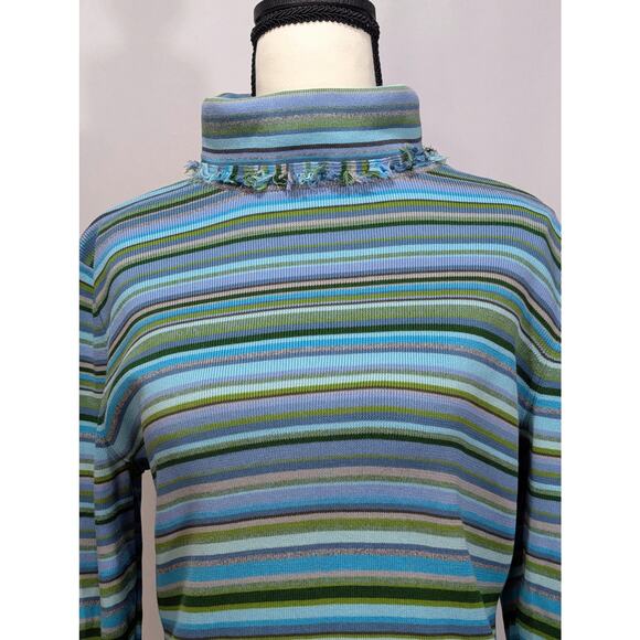 Ingrid Olsen Striped Knit Turtleneck Sweater Large Blue Green Ribbed Fringe Trim - Picture 3 of 9